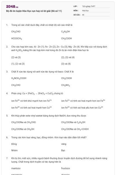 Bộ đề ôn luyện Hóa Học cực hay có lời giải (Đề số 11)