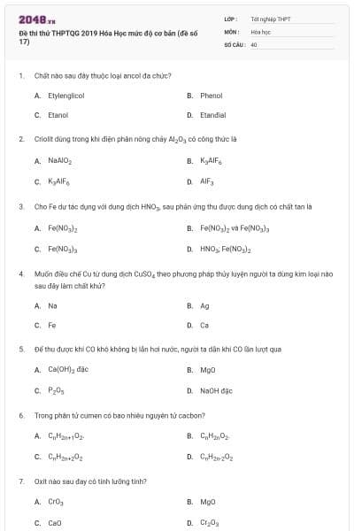 Đề thi thử THPTQG 2019 Hóa Học mức độ cơ bản (đề số 17)