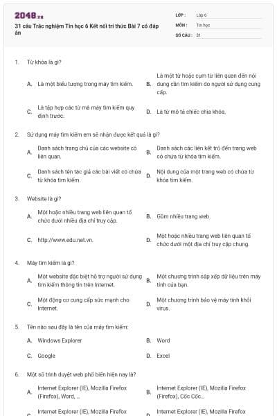 31 câu Trắc nghiệm Tin học 6 Kết nối tri thức Bài 7 có đáp án