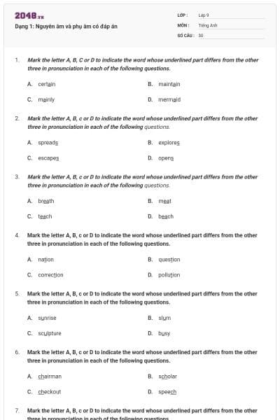 Dạng 1: Nguyên âm và phụ âm có đáp án