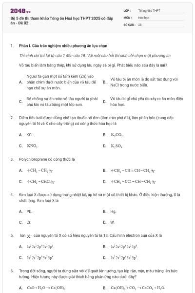 Bộ 5 đề thi tham khảo Tổng ôn Hoá học THPT 2025 có đáp án - Đề 02
