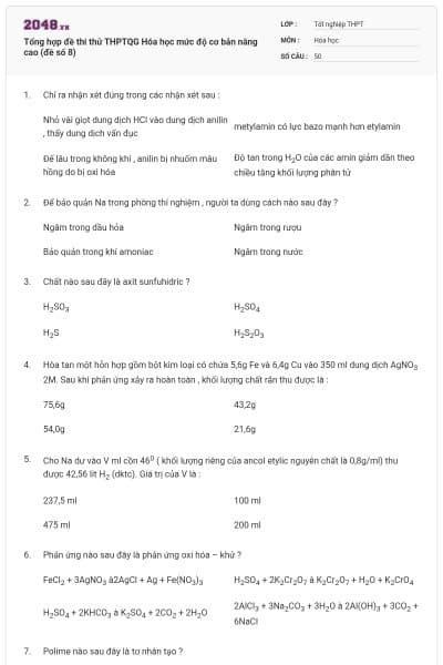 Tổng hợp đề thi thử THPTQG Hóa học mức độ cơ bản nâng cao (đề số 8)