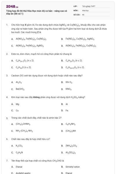 Tổng hợp đề thi thử Hóa Học mức độ cơ bản - nâng cao có đáp án (Đề số 1)