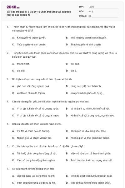 Bộ 4 đề thi giữa kì 2 Địa Lý 10 Chân trời sáng tạo cấu trúc mới có đáp án (đề 4)