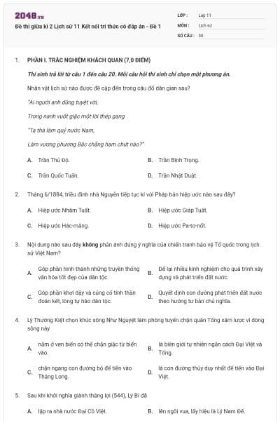 Đề thi giữa kì 2 Lịch sử 11 Kết nối tri thức có đáp án - Đề 1
