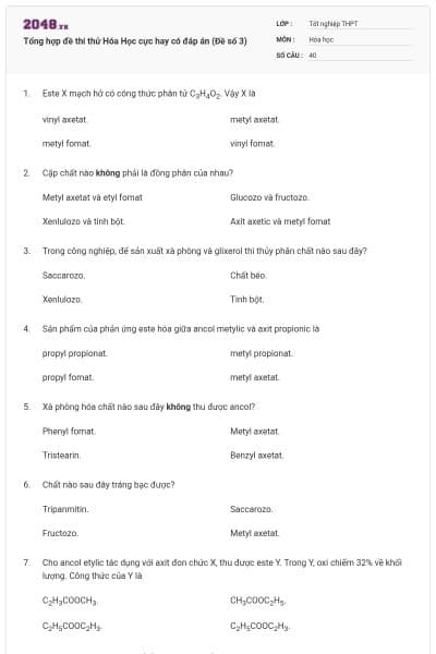 Tổng hợp đề thi thử Hóa Học cực hay có đáp án (Đề số 3)