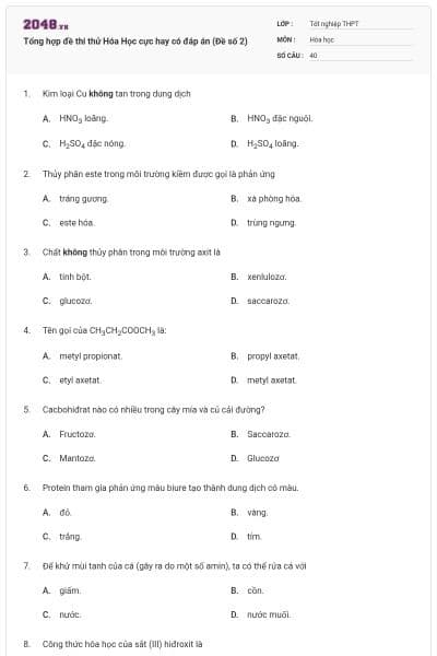 Tổng hợp đề thi thử Hóa Học cực hay có đáp án (Đề số 2)