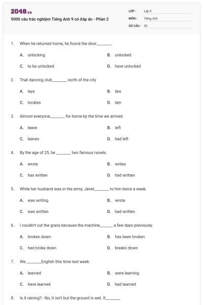 5000 câu trắc nghiệm Tiếng Anh 9 có đáp án - Phần 2