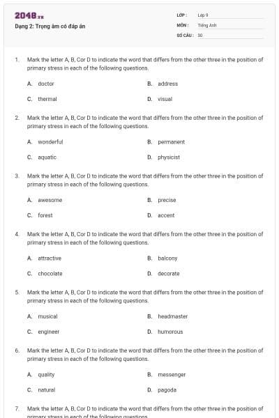 Dạng 2: Trọng âm có đáp án