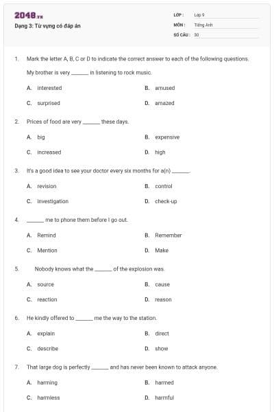 Dạng 3: Từ vựng có đáp án