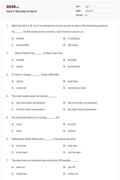 Dạng 4: Ngữ pháp có đáp án