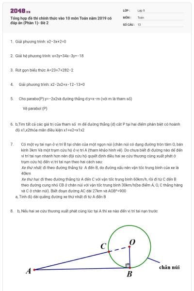 Tổng hợp đề thi chính thức vào 10 môn Toán năm 2019 có đáp án (Phần 1)- Đề 2