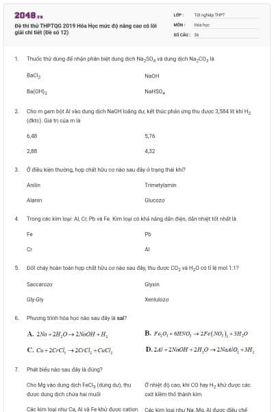 Đề thi thử THPTQG 2019 Hóa Học mức độ nâng cao có lời giải chi tiết (Đề số 12)