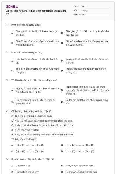 30 câu Trắc nghiệm Tin học 6 Kết nối tri thức Bài 8 có đáp án