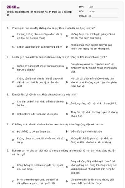 30 câu Trắc nghiệm Tin học 6 Kết nối tri thức Bài 9 có đáp án