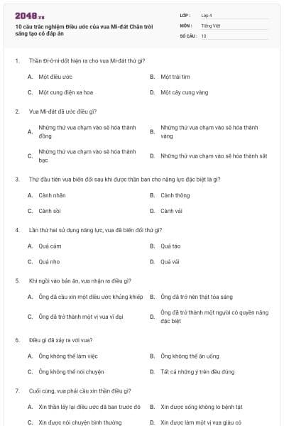 10 câu trắc nghiệm Điều ước của vua Mi-đát Chân trời sáng tạo có đáp án