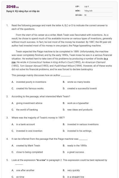 Dạng 6: Kỹ năng đọc có đáp án
