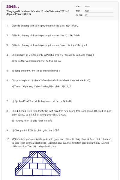 Tổng hợp đề thi chính thức vào 10 môn Toán năm 2021 có đáp án (Phần 1) (Đề 1)