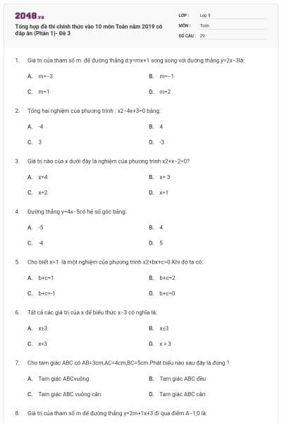 Tổng hợp đề thi chính thức vào 10 môn Toán năm 2019 có đáp án (Phần 1)- Đề 3