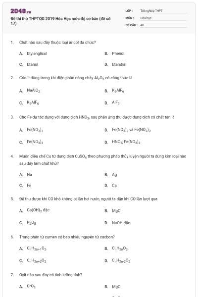 Đề thi thử THPTQG 2019 Hóa Học mức độ cơ bản (đề số 17)