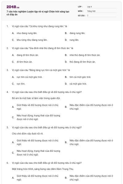 7 câu trắc nghiệm Luyện tập về vị ngữ Chân trời sáng tạo có đáp án