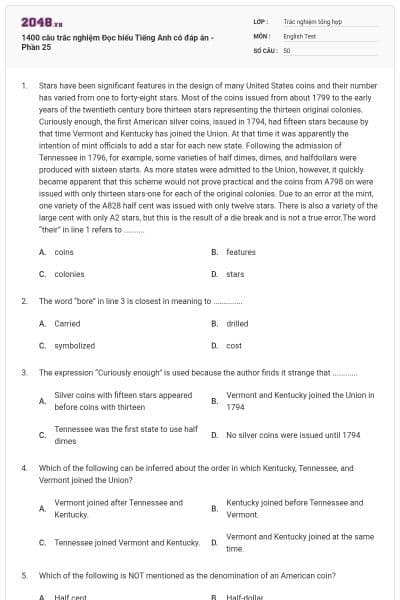 1400 câu trắc nghiệm Đọc hiểu Tiếng Anh có đáp án - Phần 25