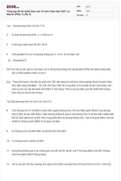 Tổng hợp đề thi chính thức vào 10 môn Toán năm 2021 có đáp án (Phần 1) (Đề 2)