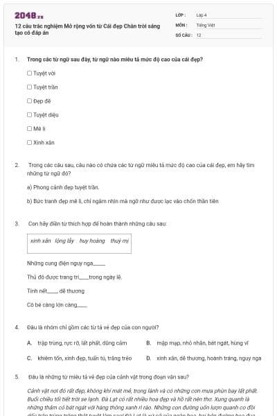 12 câu trắc nghiệm Mở rộng vốn từ Cái đẹp Chân trời sáng tạo có đáp án