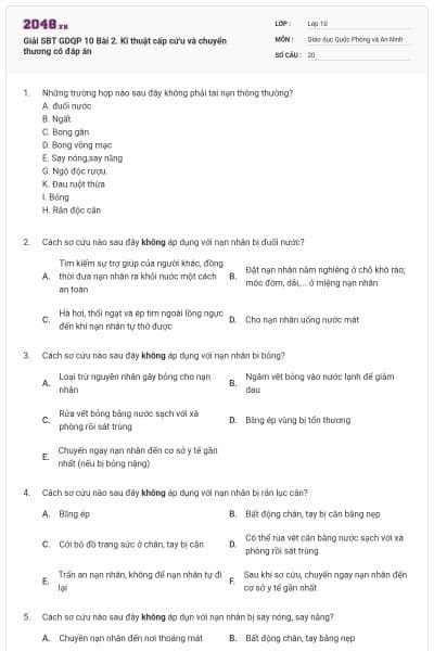 Giải SBT GDQP 10 Bài 2. Kĩ thuật cấp cứ'u và chuyển thương có đáp án