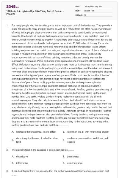 1400 câu trắc nghiệm Đọc hiểu Tiếng Anh có đáp án - Phần 26