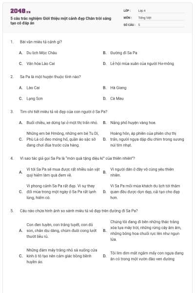 5 câu trắc nghiệm Giới thiệu một cảnh đẹp Chân trời sáng tạo có đáp án