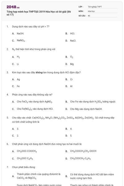 Tổng hợp minh họa THPTQG 2019 Hóa Học có lời giải (Đề số 17)