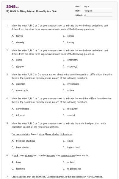 Bộ 40 đề thi Tiếng Anh vào 10 có đáp án - Đề 4