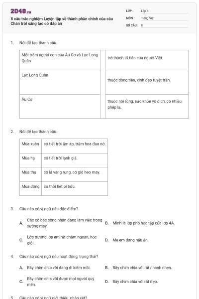 8 câu trắc nghiệm Luyện tập về thành phần chính của câu Chân trời sáng tạo có đáp án