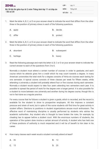 Bộ 30 Đề thi giữa học kì 2 môn Tiếng Anh lớp 11 có đáp án - Đề số 20