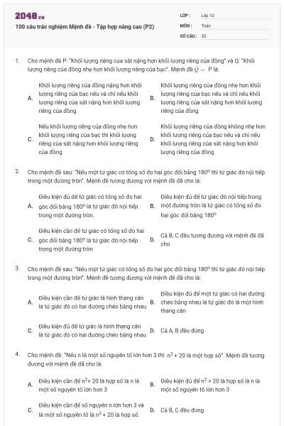 100 câu trắc nghiệm Mệnh đề - Tập hợp nâng cao (P2)