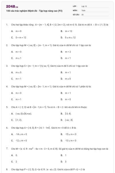 100 câu trắc nghiệm Mệnh đề - Tập hợp nâng cao (P3)