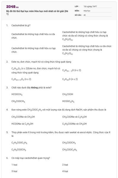 Bộ đề thi thử Đại học môn Hóa học mới nhất có lời giải (Đề 1)