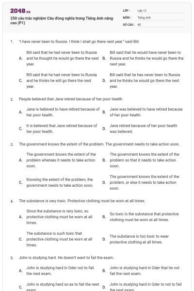 250 câu trắc nghiệm Câu đồng nghĩa trong Tiếng Anh nâng cao (P1)