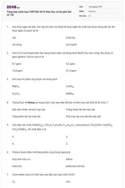 Tổng hợp minh họa THPTQG 2019 Hóa Học có lời giải (Đề số 18)