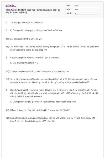 Tổng hợp đề thi chính thức vào 10 môn Toán năm 2021 có đáp án (Phần 1) (Đề 3)