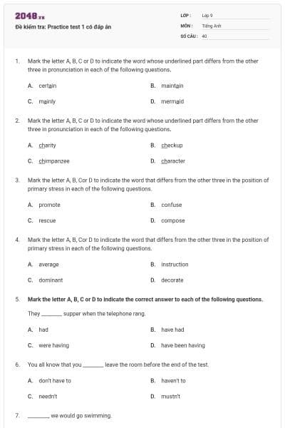 Đề kiểm tra: Practice test 1 có đáp án