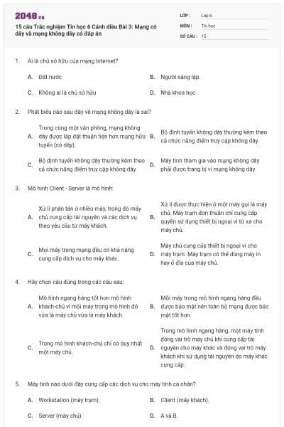 15 câu Trắc nghiệm Tin học 6 Cánh diều Bài 3: Mạng có dây và mạng không dây có đáp án