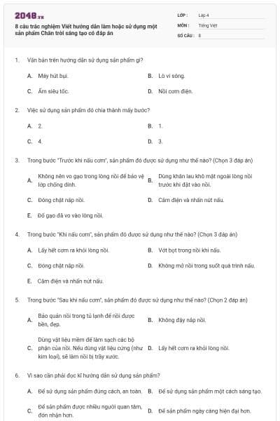 8 câu trắc nghiệm Viết hướng dẫn làm hoặc sử dụng một sản phẩm Chân trời sáng tạo có đáp án