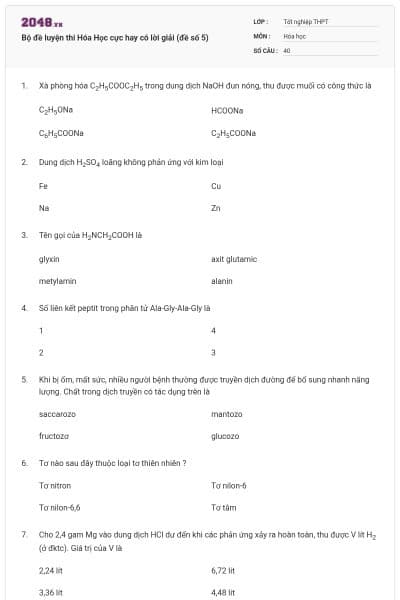 Bộ đề luyện thi Hóa Học cực hay có lời giải (đề số 5)