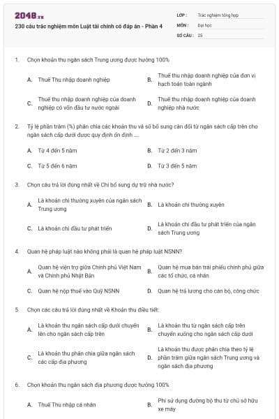 230 câu trắc nghiệm môn Luật tài chính có đáp án - Phần 4