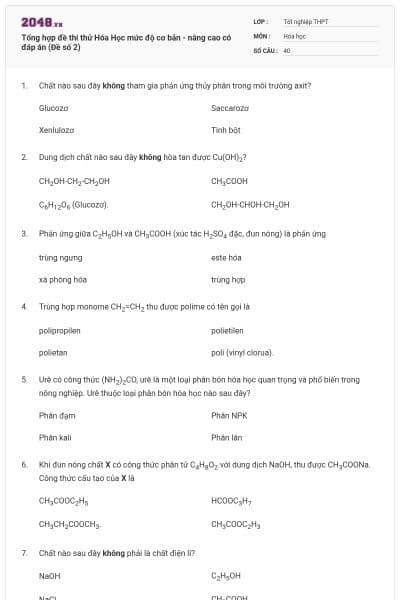 Tổng hợp đề thi thử Hóa Học mức độ cơ bản - nâng cao có đáp án (Đề số 2)