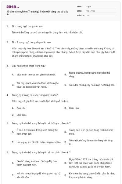 10 câu trắc nghiệm Trạng ngữ Chân trời sáng tạo có đáp án