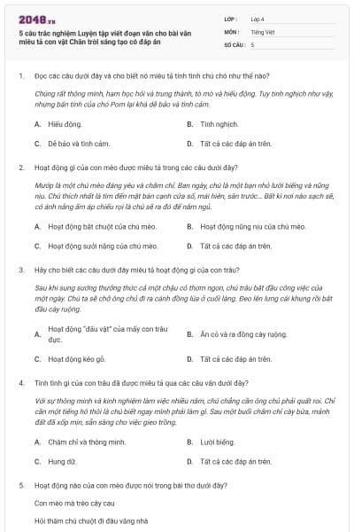 5 câu trắc nghiệm Luyện tập viết đoạn văn cho bài văn miêu tả con vật Chân trời sáng tạo có đáp án