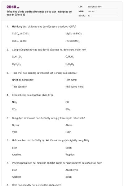 Tổng hợp đề thi thử Hóa Học mức độ cơ bản - nâng cao có đáp án (Đề số 3)